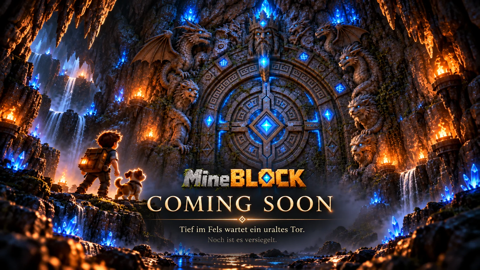 Der junge Abenteurer Tim und sein Hund stehen in einer Kristallhöhle vor einem uralten, blau leuchtenden Steintor. MineBlock – Coming Soon.